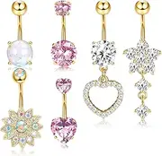 [Dochais] 6PCS Surgical Stainless Steel Dangle Pink Belly Button Rings for Women Heart Flower Cubic Zirconia Dangling Belly Button Piercing Navel Piercings Pack