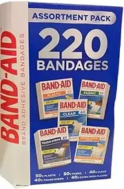 Band-Aid Assortment Pack, 220 Bandages, Mixed Varieties, Plastic, Fabric, Clear and Extra Wide