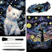 VTEAS Glow in The Dark Scratch Art Rainbow Painting Paper, 2 Pack Van Gogh Style Engraving Art Creative Craft Tools Set, Fun Magic DIY Sketch Card Scratchboard for Teen & Adults (Cats + Dogs)