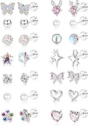 [FIOROYAL] 14 Pairs Flat Back Earrings Stud Earrings for Women Girls Hypoallergenic Surgical Steel Earrings for Girls Kids Cartilage Helix Earrings Piercing Cute CZ Heart Flower Star for Sensitive Ears,
