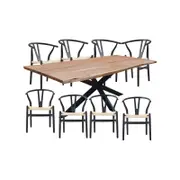 Lantana 9pc 240cm Dining Table 8 Black Wishbone Chair Set Live Edge Acacia Wood