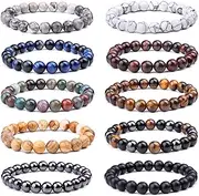 [LYLYMIMI] 10 Pcs 8mm Stone Semi-Precious Gemstones Beaded Bracelets for Men Women Healing Crystal Stretch Beaded Bracelet Unisex