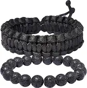 Xfoxstal 2Pcs Adjustable Handmade Survival Paracord Bracelets Set Lava Stone Stretch Beaded Bracelets for Women Men Outdoor Hiking Camping Unisex