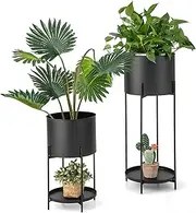 Costway Metal Planter Pot Stand Set of 2, Flowerpots with Stands, Drainage Holes, Metal Floor Planter Set, Modern Decorative Plant Stands with Pots, Indoor & Outdoor Planters for Home, Balcony, Garden