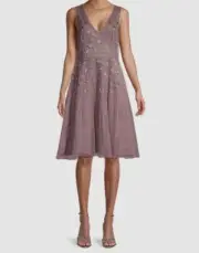 $395 Aidan Mattox Women's Purple Beaded V-Neck Cocktail Dress Size 4
