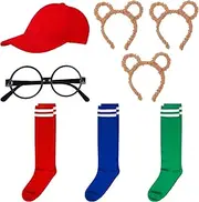 8 Pcs Chipmunks Costumes Set Include 3 Pcs Chipmunk Ears Headband,3 Pairs Soccer Socks,1 Piece Black Round Frame Glasses and 1 Red Cap for Adults Teens World Book Day Party