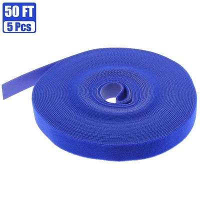 5 Pcs 50FT Roll Hook Loop Self Adhesive Tape Cable Tie Strap Wrap Fastener Blue