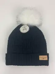 Britt's Knits Plush Lined Knit Beanie Hat Pom Pom Black White Womens OSFM NWT