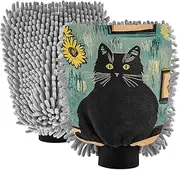 XYMZR Cat Daisy Black Absorbent Microfiber Car Wash Mitt, Funny Cute Anime Scratch Free for Cars Cleaning, Home Cleaning Mitts, 2 Pack, 10.24” L x 7.09” W