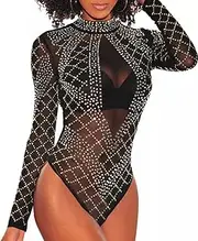 [Outoshe] Women's Shiny Rhinestone Turtle Neck Long Sleeve Bodysuit Top Zip Back Leotard with Thumb Hole