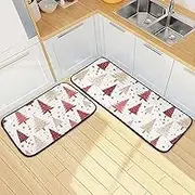 Kitchen Mats for Floor, 2 Piece, Christmas Trees White Funny Cute Washable Non-Slip Kitchen Rugs Set for Home & Office, Sink, Laundry, 19.7” x 27.6” + 19.7” + 47.2”