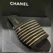 CHANEL BLACK SUEDE LEATHER GOLD CHAIN SLIDES FLATS MULES SANDALS. Size 36. NWB