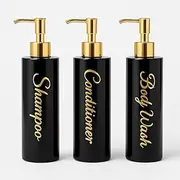 uMadeUs Refillable Shampoo and Conditioner Dispenser - Essentials Toiletries Accessories for Containers, Toiletry Lotion Liquids Bottle Soap Container Set – Black Round Gold Cap 1