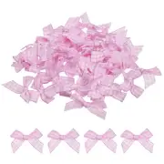 100Pcs Mini Gingham Ribbon Bow Checkered Ribbon Flower Bows Pink and White