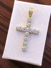 Mens 925 Sterling Silver Round Cut Cz Cross Pendant 36mm(1.42")48mm(1.89") Gold
