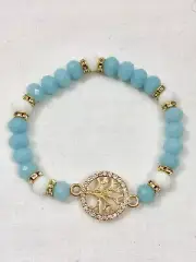Tree Of Life Charm Multi Bead Blue White Color Gold Tone Stretching Bracelet