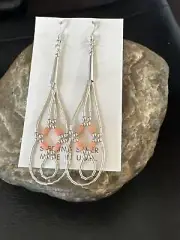 Pink Coral 2 Strands Heishi Liquid Sterling Silver Dangle Earrings 2" 17983