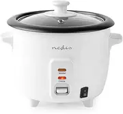 [NEDIS] Electric Rice Cooker & Steamer with Glass Lid, Non-Stick Cooking Pot and Steamer Insert, 300W, 0.6L Capacity, White