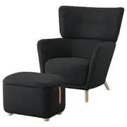 OSKARSHAMN wing chair with footstool, Gunnared black/grey