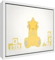 Eco-Printed and Framed Nursery Canvas with Solid White Wooden Frame (64 x 44 x 3 cm, Large, Yellow, Bear Heart)