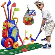 HYES Toddler Golf Set, Upgraded Kids Golf Clubs with 12 Balls, Putting Mat, Shoulder Strap, Indoor Outdoor Sport Toys Gift for Boys Girls Aged 1-5 Years Old, Blue
