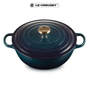 【Le Creuset】典藏琺瑯鑄鐵鍋媽咪鍋28cm(極光午夜藍-淡金頭)