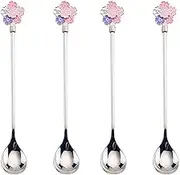 Tablespoons Stainless Steel Long-Handled Ice Cream Spoon Coffee Ice Tea Stirring Spoon Jam Spoon Watermelon Spoon Four-Piece Set Serving Spoon (Color : Silver)