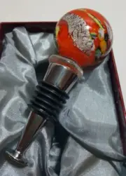 Retro Unique Orange/ Silver / Blue Swirl Glass Wine Bottle Stopper Barware IOB