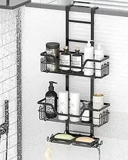 Gabeeriso Over The Door Shower Caddy Hanging, Rustproof Bathroom Caddy Shower Shelf with 16 Hooks,Bathroom Organizer Space-Saving Storage for Shampoo, Soap & Towels (Black 3-Tier Over-The-Door)