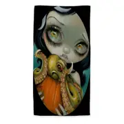 Halloween Gothic Girl Hold Pumpkin with Octopus Microfiber Beach Towel