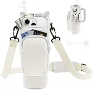 JEBEALUO Water Bottle Carrier Bag with Phone Pocket for Stanley Cup 40/30 oz, Water Bottle Holder with Adjustable Strap& Straw Cover, Stanley Cup Accessories (White)