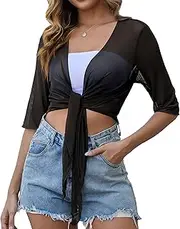 [YuYukan] Womens 3/4 Sleeve Shrug Sheer Mesh Cardigans Tie Front Cropped Lightweight Bolero Shawl Top for Casual Going Out