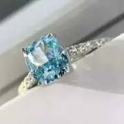 4.00Ct Cushion Cut Lab Created Aquamarine Engagement Ring 14K White Gold Plated
