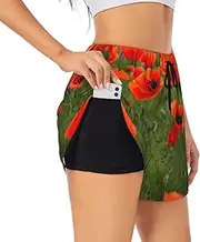 [GaxfjRu] Poppy Flowers Petals Print Women's Running Shorts High Waisted Running Shorts Pocket Sporty Gym Elastic Short