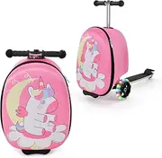 BABY JOY Kids Ride-on Suitcase Scooter, 2-in-1 Carry-on Luggage & Travel Scooter w/LED Flashing Wheels, Anti-Slip Aluminum Deck, Foldable Kids Ride-on Suitcase for Travel & School (Pink)