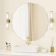 FUWU HOME Distressed White Finish Wavy Round Mirror for Wall Decorative 28" Modern Wavy Circle Mirror for Bathroom Bedroom Living Room Home House Office Entryway