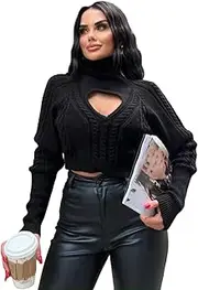 XUGYAO Turtle Neck Pullover Sweater Cropped Knitted Top for Women with Heart Hollow Out Sensibility