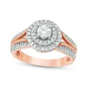 0.75 CT. T.W. Natural Diamond Double Frame Rope Shank Engagement Ring in Solid 14K Rose Gold