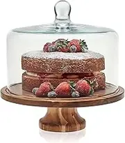 Libbey Acaciawood Footed Round Wood Server Cake Stand with Glass Dome