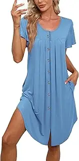 [Bestshow] Women's Button Down Nightgown Pleated Front Loose Fit Short Sleeve Sleepwear Pajamas Dress with Hand Pockets