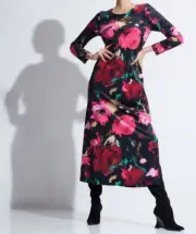 NWT Natori $195 Haiku-Printed BLACK/PINK/RED FLORAL VELVET Long Dress Gown S