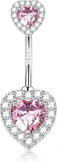[Sanfenly] 14G Heart Belly Bar 925 Sterling Silver Belly Button Bar for Women Pink Cubic Zirconia Belly Ring Belly Button Ring Navel Piercing Body Jewellery