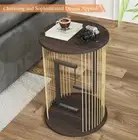 Round Of End Table Set 1 Side Accent Modern Black LED Nightstand W/Twine Rope