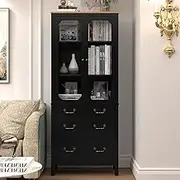 HLR 72" Kitchen Pantry Cabinet, Freestanding Tall Storage Cabinet, Utility Cupboard, Pantry Cabinet with Tempered Glass Doors and Adjustable Shelves for Kitchen, Living Room, Dining Room