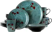 Elama Round Stoneware Floral Dinnerware Dish Set, 16 Piece, Blue with Red