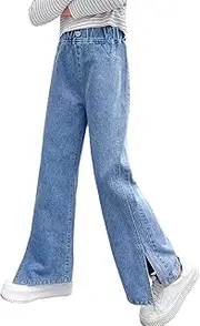 [LAVIQK] Big Girls Baggy Jeans Casual Patchwork Denim Jeans Elastic Wasit Wide Leg Ripped Pants for 6-14 Years