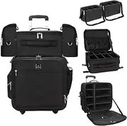 Rolling Makeup Case Professional Makeup Train Case Makeup Artist Travel Organizer 4 in 1 with Detachable Cosmetic Case and Dual Makeup Brush Case and Wheels (Black, 4-Pack)