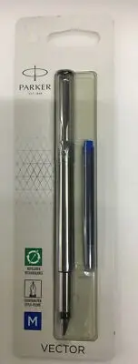 Parker Vector Stainless Steel Fountain Pen Blue Ink With Medium Nib Refillable