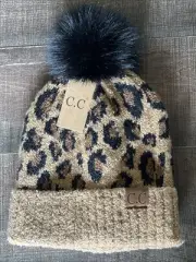 C.C Animal Print Leopard Cable Knit With Black Pom Pom Adult One Size Hat