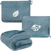 PAVILIA Travel Blanket and Pillow Set, Airplane Blanket Compact 2-in-1 Soft Bag, Travel Essentials for Adult Flight, Portable Throw with Arm Hole, Plane Car Traveling Gift Accessories, Blue